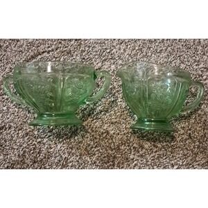Vtg Green Uranium Depression Glass Sharon Pattern Cabbage Rose Creamer & Sugar